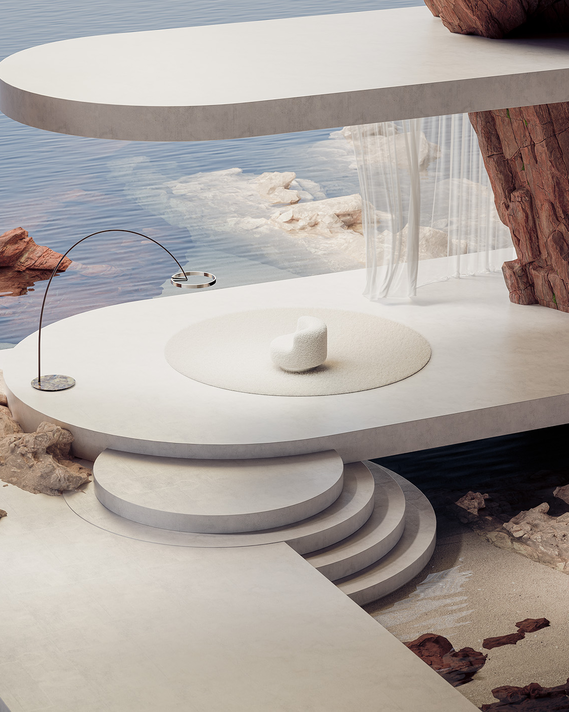 cgi image of Occhio design floor luminaire in cave like surrunding