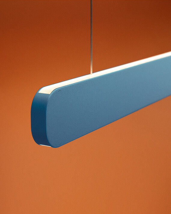 Occhio Mito volo pendant luminaire colors by occhio in blu vivace on orange backround close up